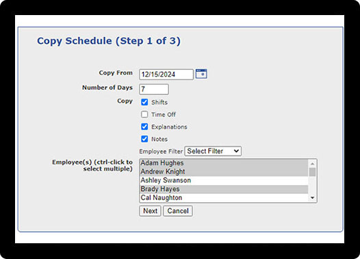 Simplify the process of making schedules that are repeated from previous days, weeks or months.