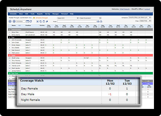 Keep track of staffing levels and shift requirements with the ScheduleAnywhere program.
