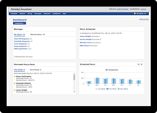 Customize the ScheduleAnywhere dashboard to your unique needs and employee staffing challenges.