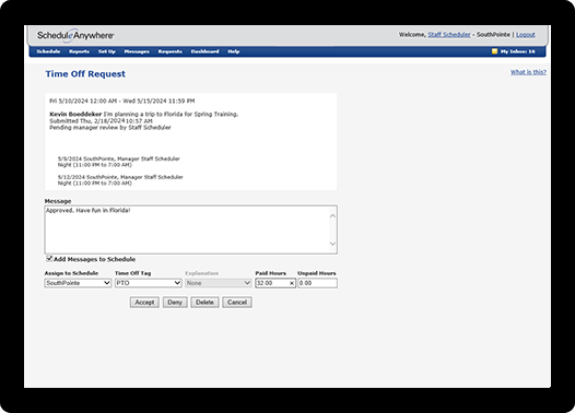 Boost morale by responding quickly to time-off requests with the industry's best work scheduling software.