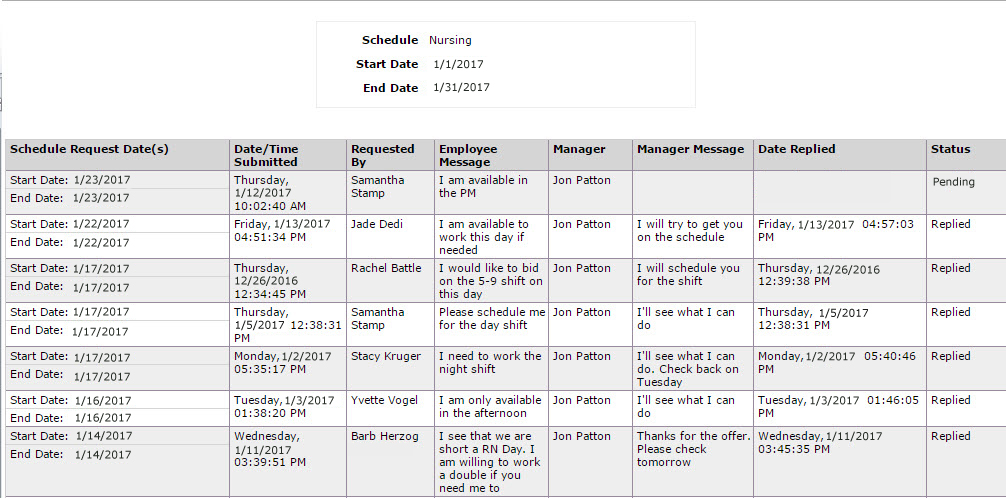 sample work schedule for employees